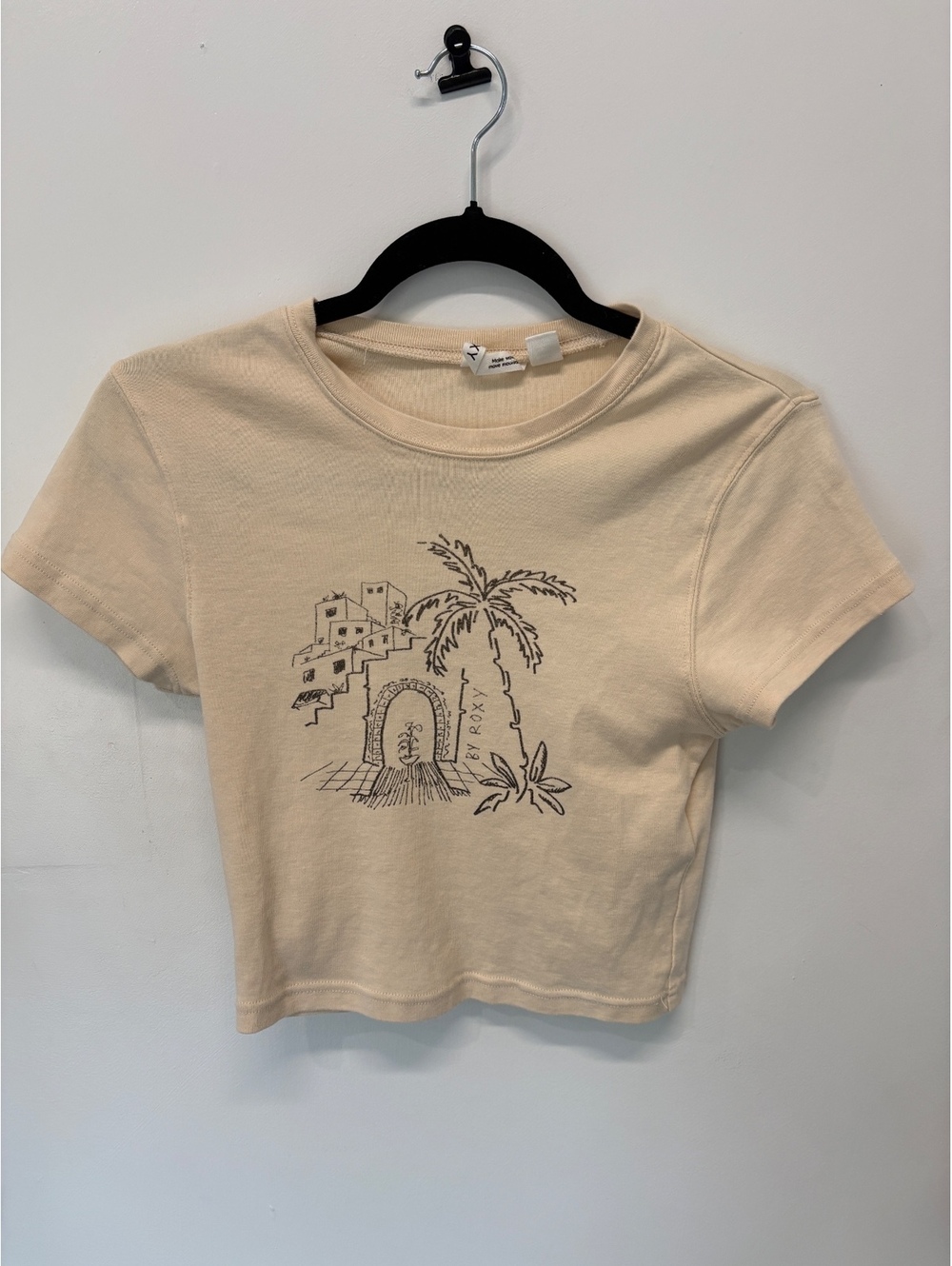 Roxy Beige Cotton Crop Top with Palm Tree Graphic, Size M